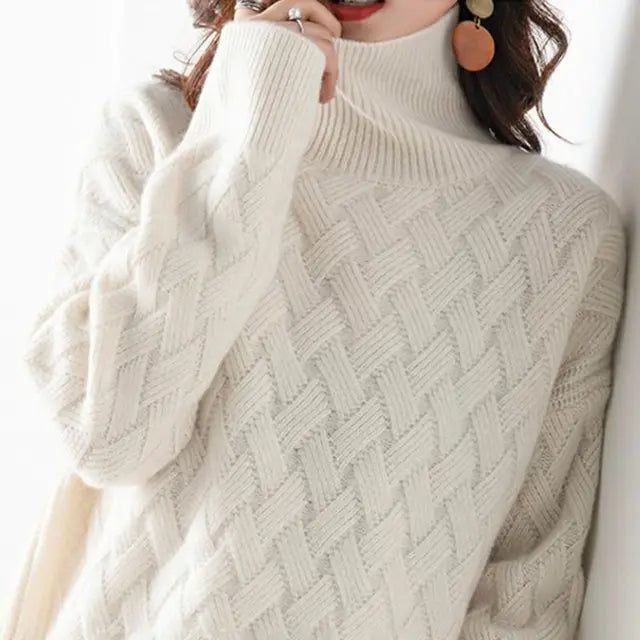 Sweter Golf Długi Rękaw Oversize z Warkoczowym Wzorem dla Kobiet