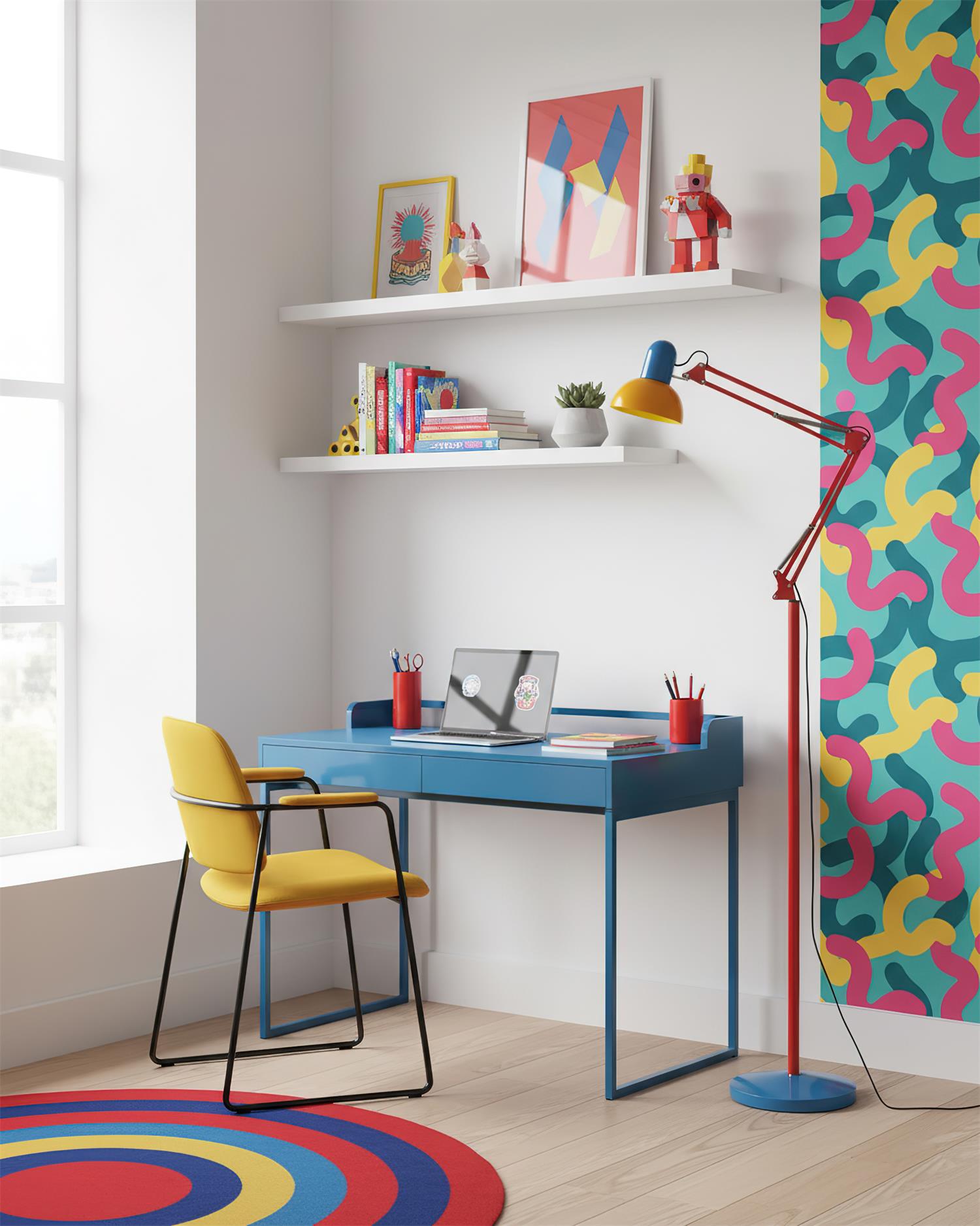 Lampa stojąca wieloprzegubowa z okrągłą podstawą