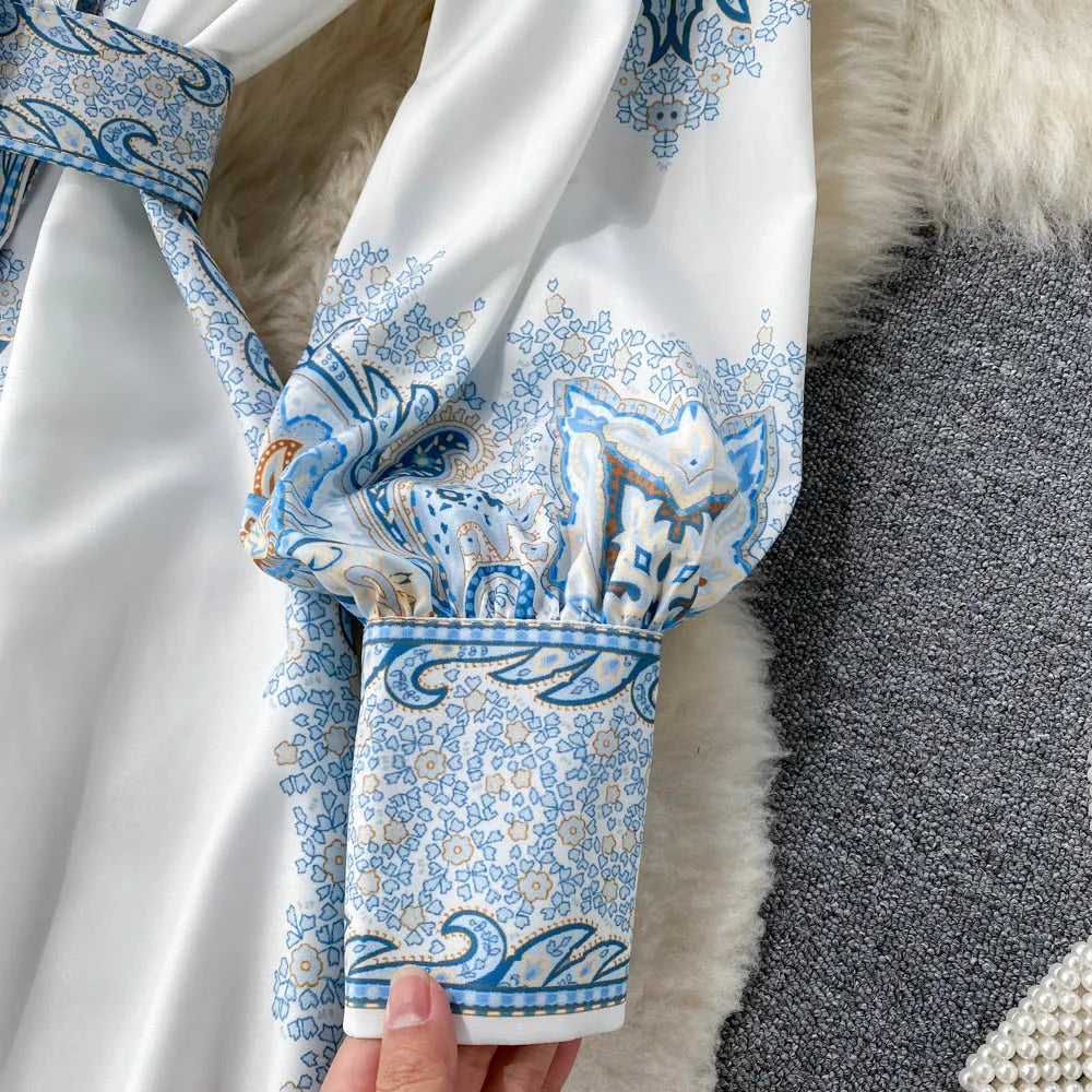 Sukienka Maxi z Rękawami Biskupa w Wzór Paisley