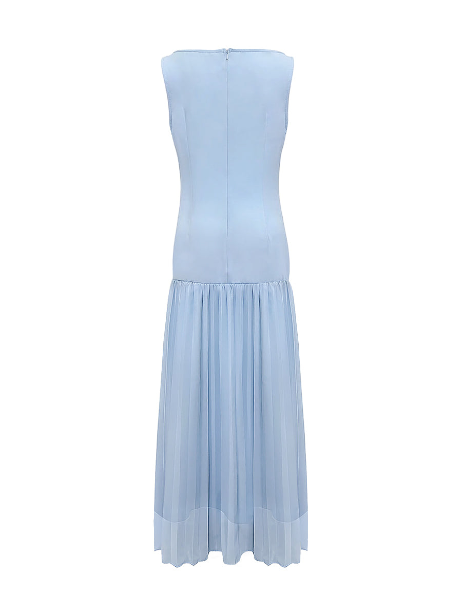 Sukienka maxi z plisowaniem, bez rękawów, z dekoltem łódką i obniżoną talią