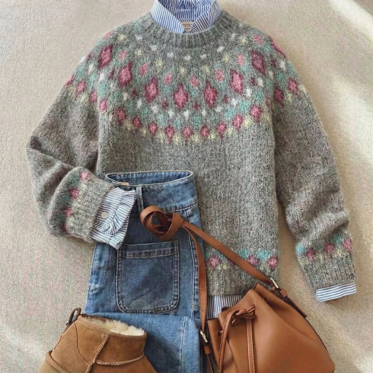 Sweter Damski Nordycki Wzór Fair Isle Oversize