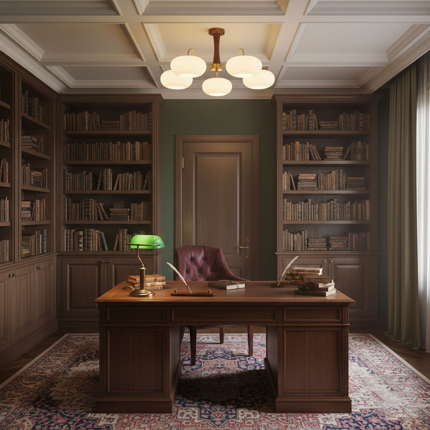 Żyrandol z mosiężnymi ramionami i białymi kloszami