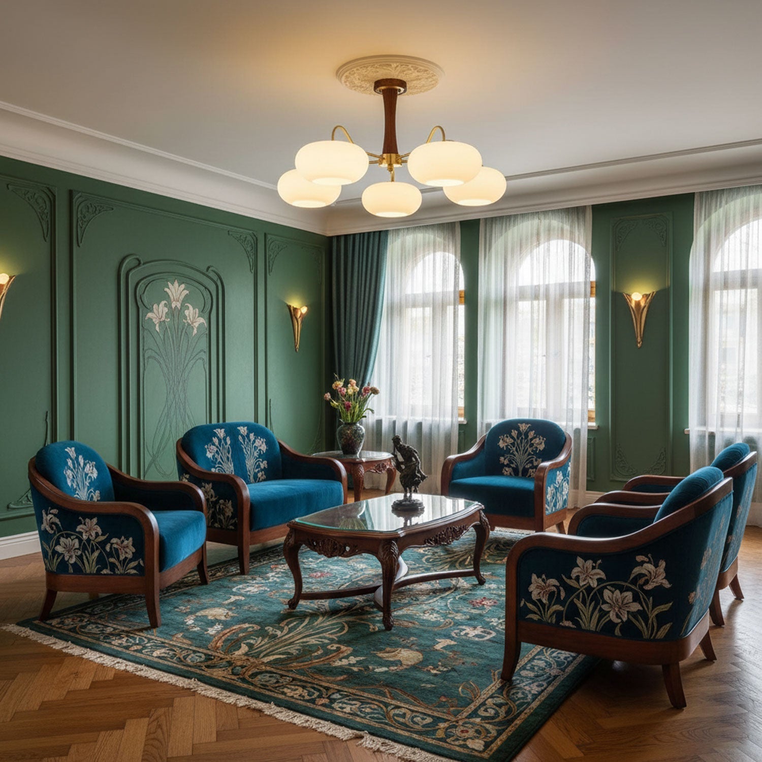 Żyrandol z mosiężnymi ramionami i białymi kloszami