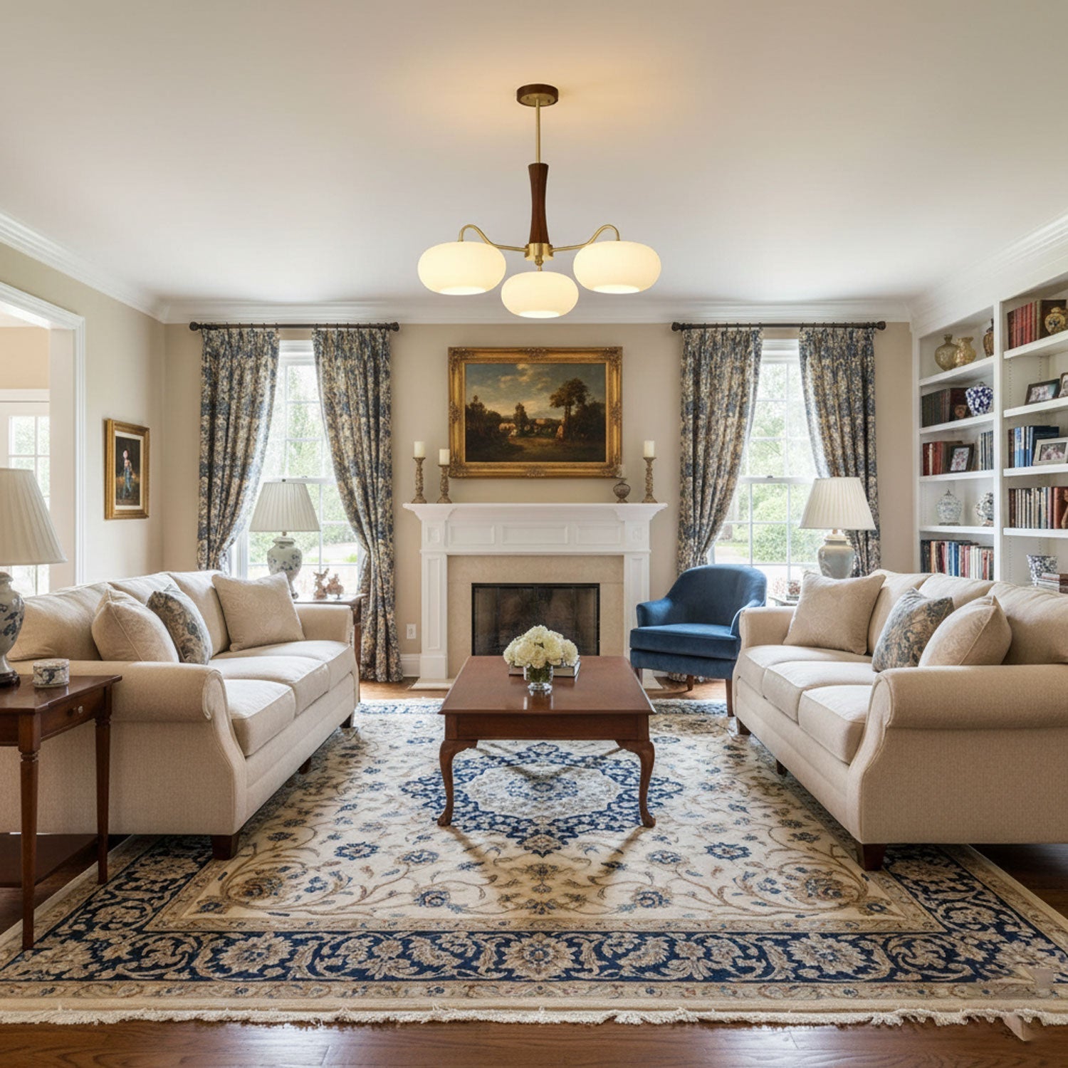 Żyrandol z mosiężnymi ramionami i białymi kloszami