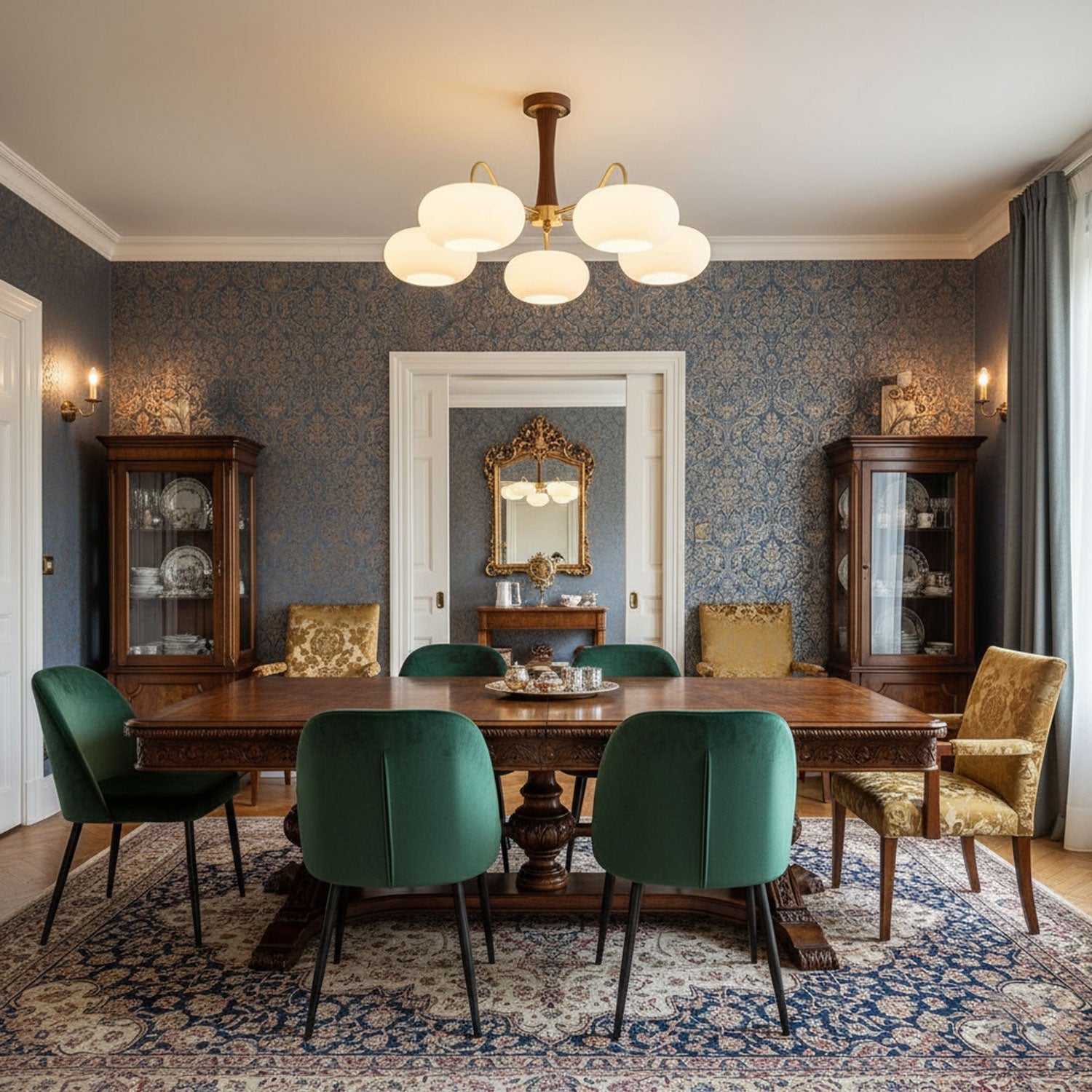 Żyrandol z mosiężnymi ramionami i białymi kloszami