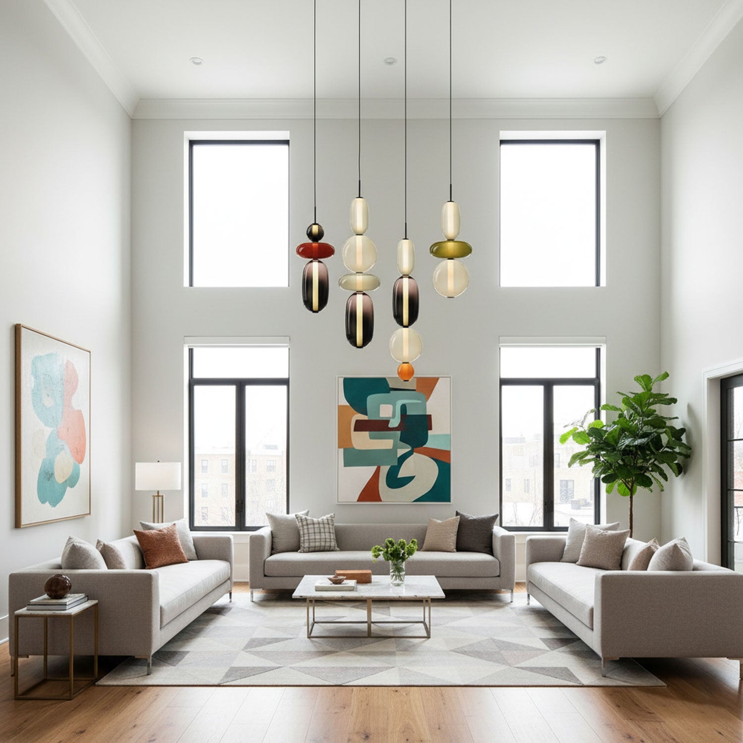 Szklana lampa wisząca z kolorowych elementów