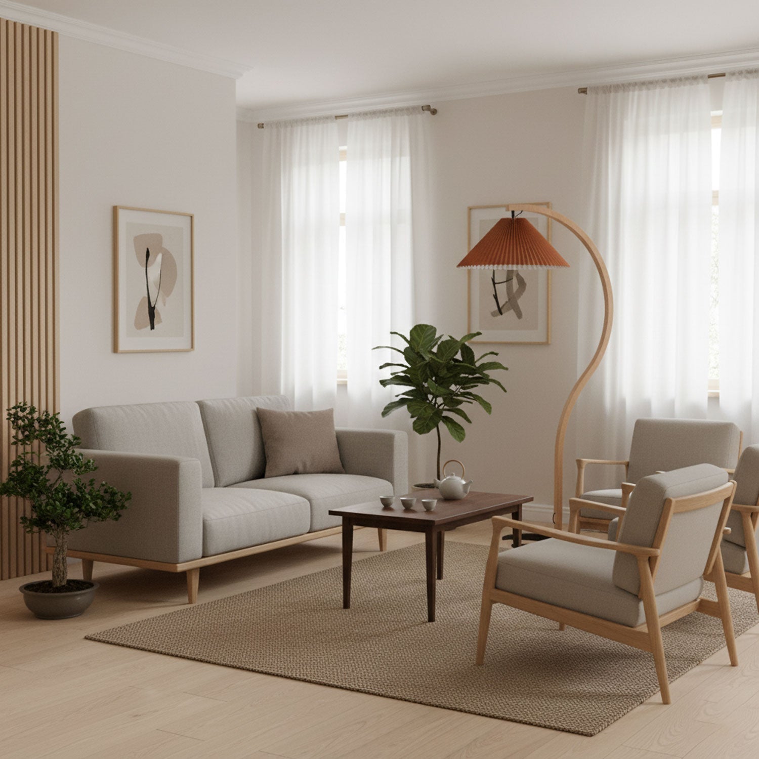 Lampa podłogowa w kształcie łuku z plisowanym stożkowym kloszem