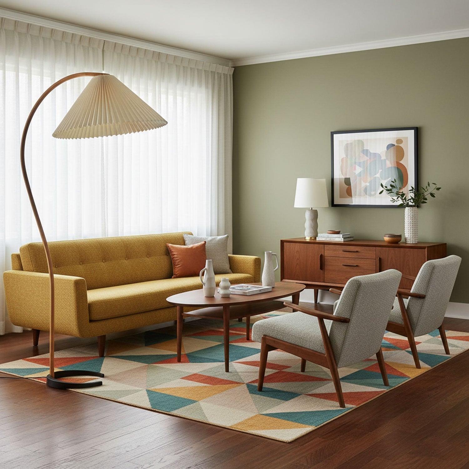 Lampa podłogowa w kształcie łuku z plisowanym stożkowym kloszem