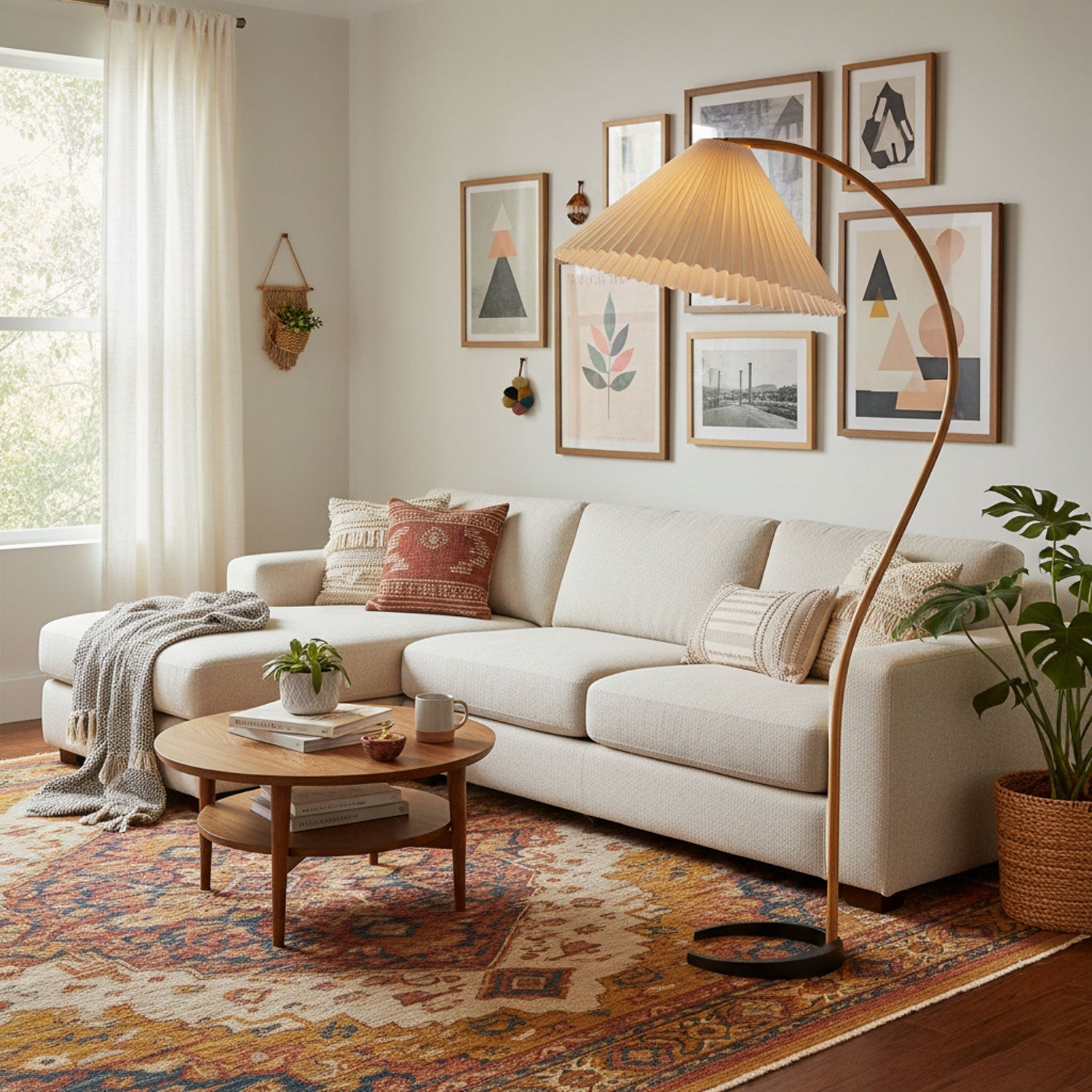 Lampa podłogowa w kształcie łuku z plisowanym stożkowym kloszem