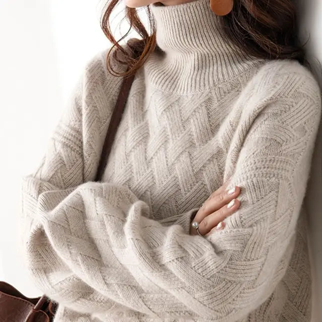 Sweter Golf Długi Rękaw Oversize z Warkoczowym Wzorem dla Kobiet