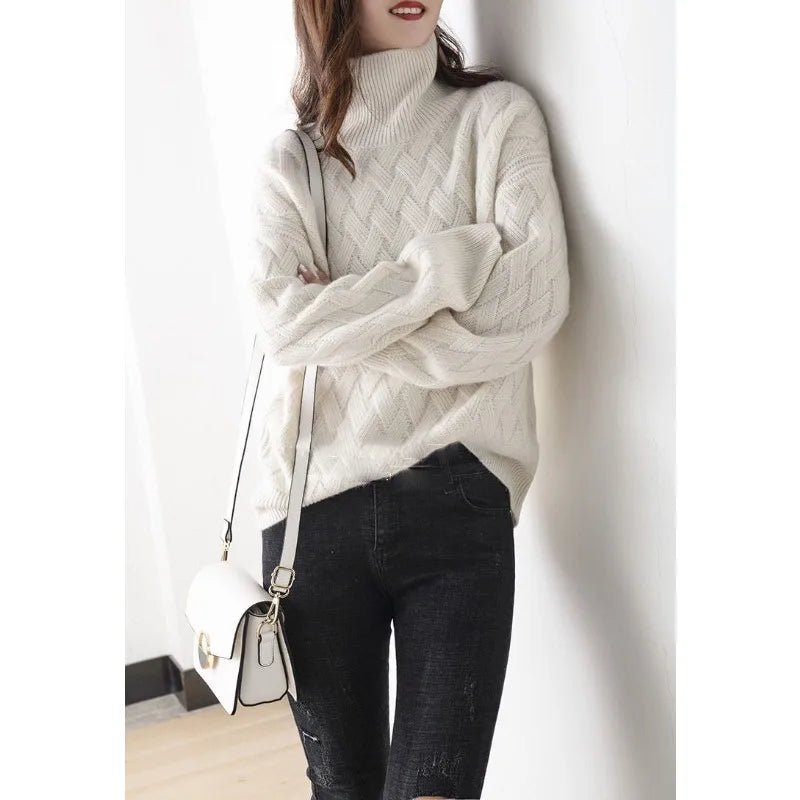 Sweter Golf Długi Rękaw Oversize z Warkoczowym Wzorem dla Kobiet