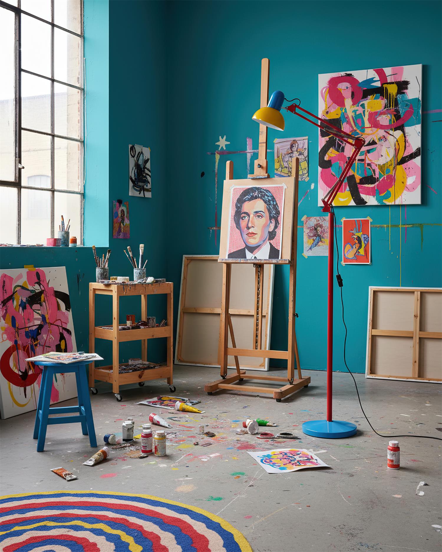 Lampa stojąca wieloprzegubowa z okrągłą podstawą