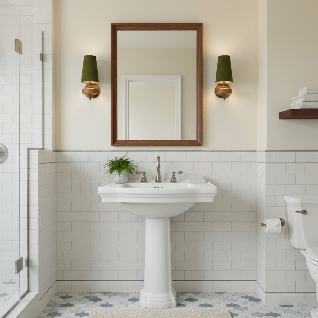 Podwójny kinkiet z materiałowymi kloszami i drewnianą podstawą