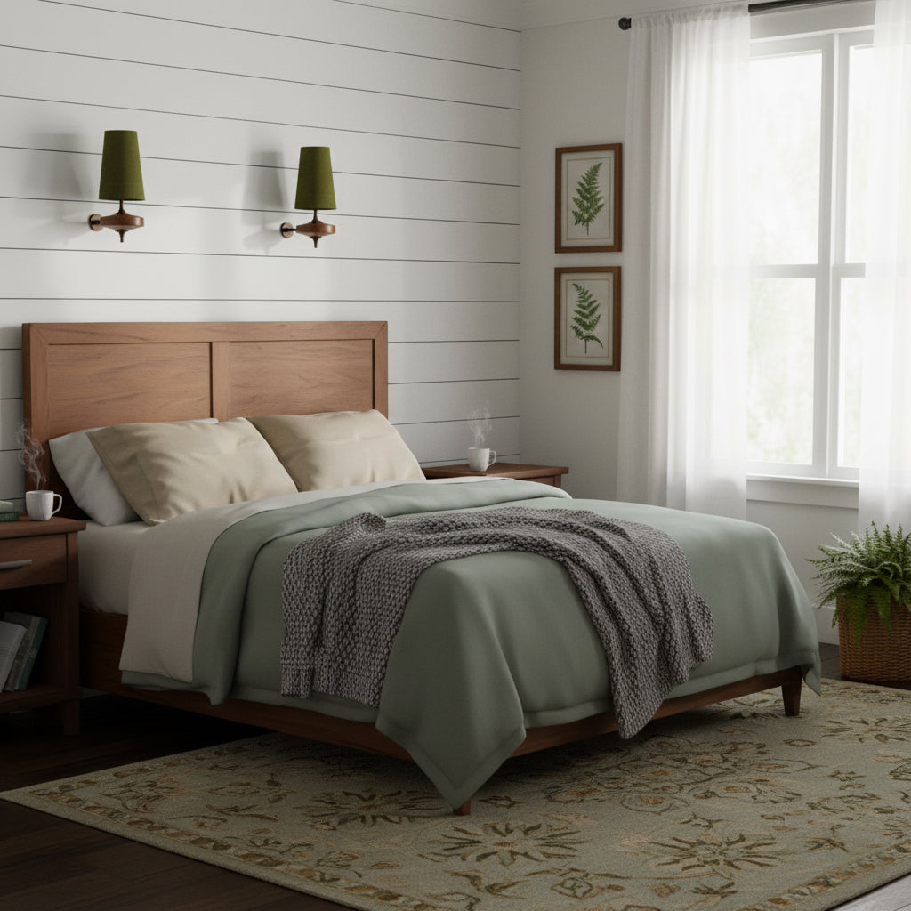 Podwójny kinkiet z materiałowymi kloszami i drewnianą podstawą