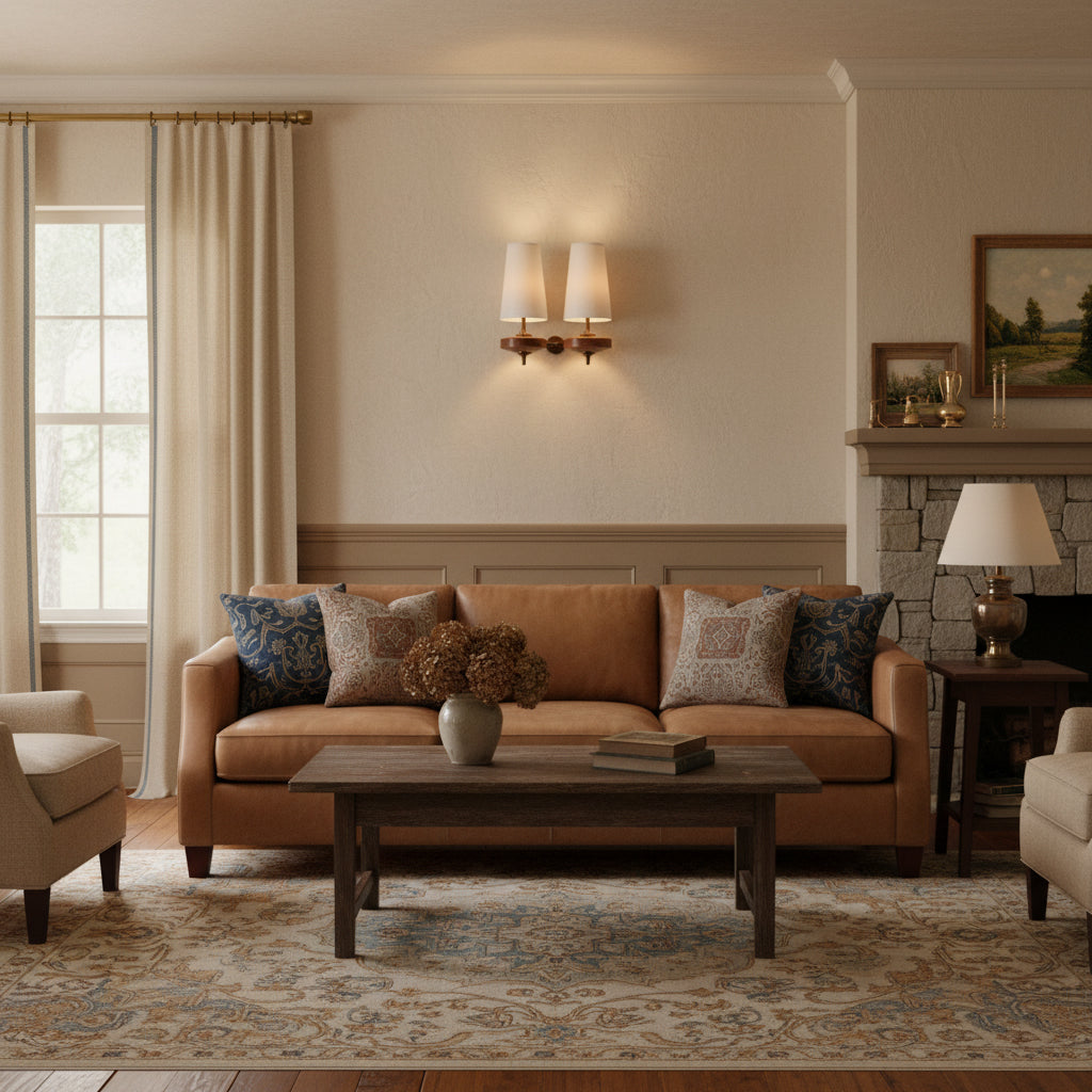 Podwójny kinkiet z materiałowymi kloszami i drewnianą podstawą