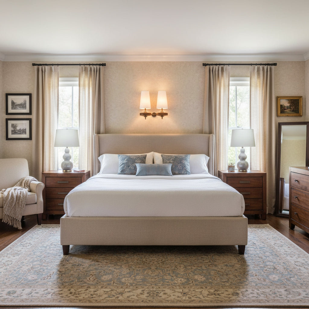 Podwójny kinkiet z materiałowymi kloszami i drewnianą podstawą