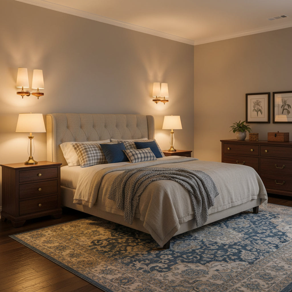 Podwójny kinkiet z materiałowymi kloszami i drewnianą podstawą