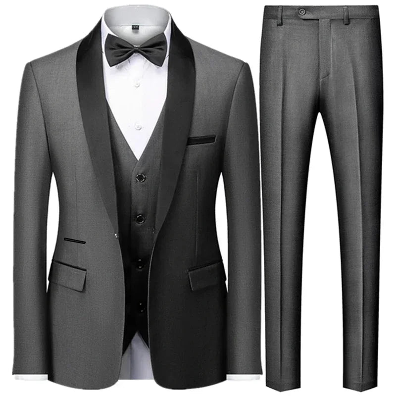 Slim Solid Satinowy Żakiet z Klapami V Neck, Dopasowany Trzyczęściowy Garnitur
