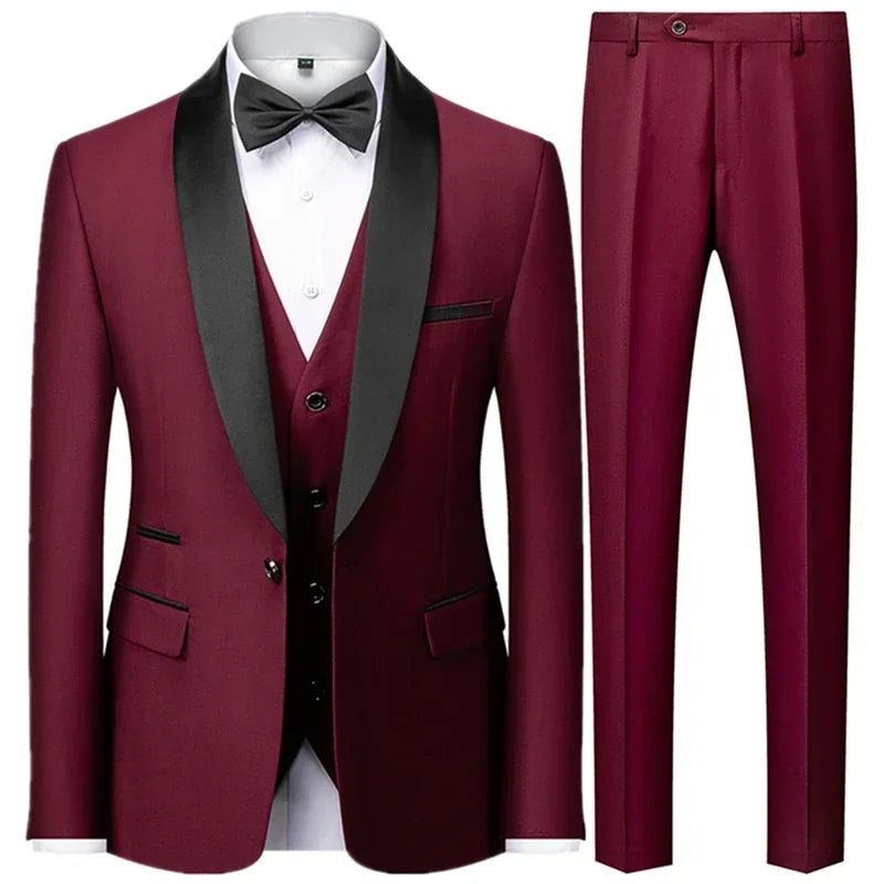 Slim Solid Satinowy Żakiet z Klapami V Neck, Dopasowany Trzyczęściowy Garnitur