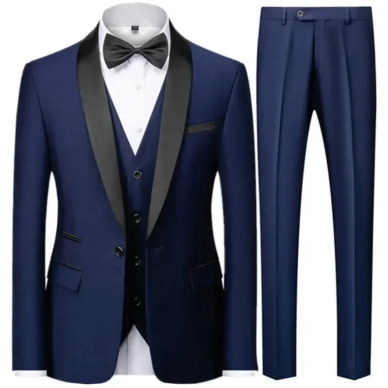 Slim Solid Satinowy Żakiet z Klapami V Neck, Dopasowany Trzyczęściowy Garnitur