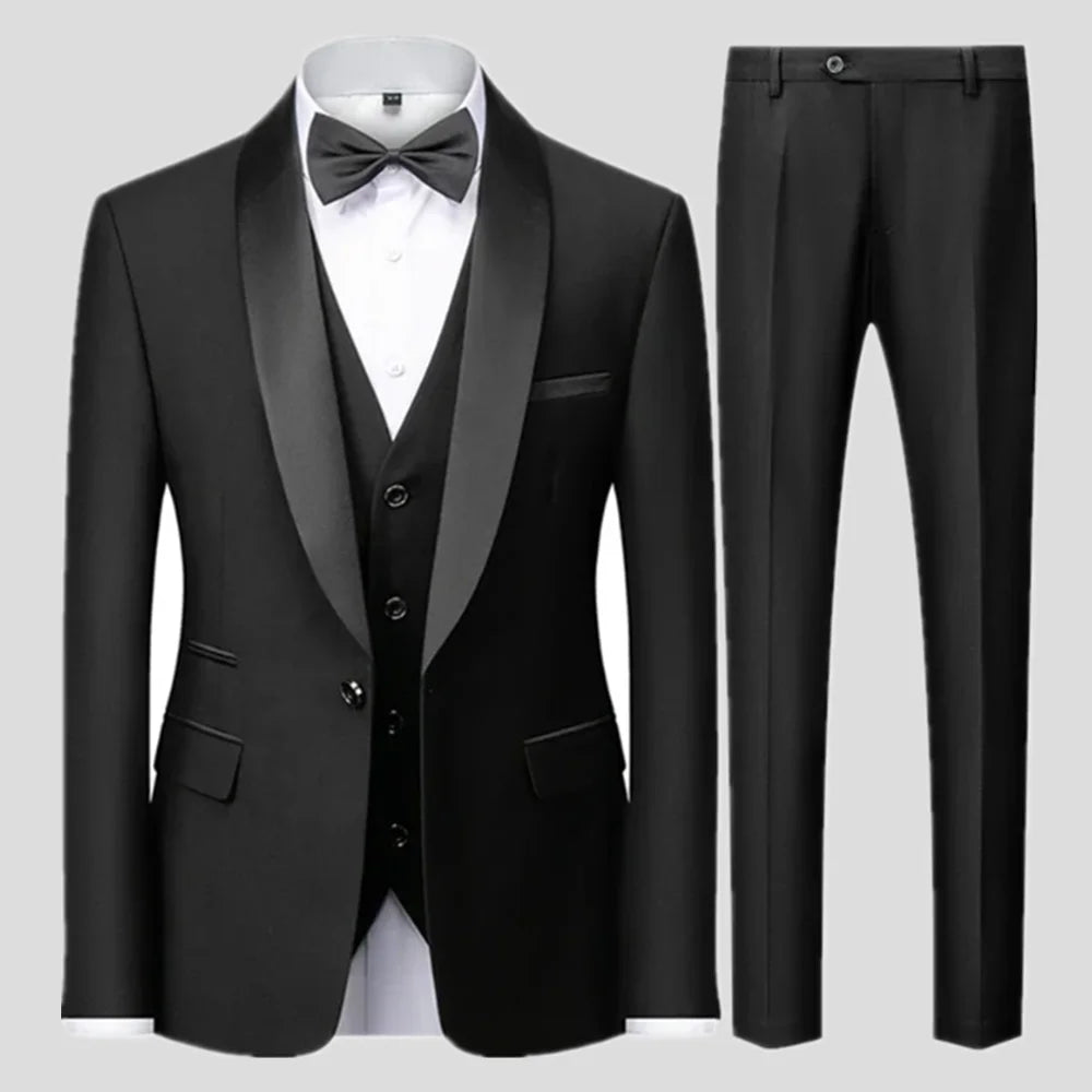 Slim Solid Satinowy Żakiet z Klapami V Neck, Dopasowany Trzyczęściowy Garnitur