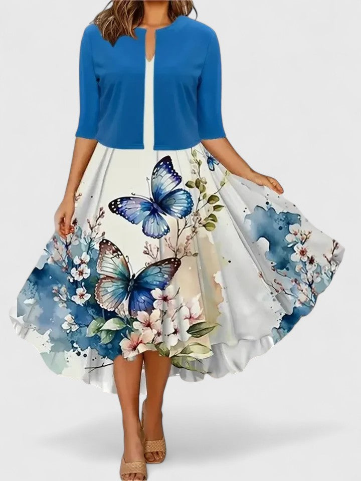 Sukienka midi z kwiatowym nadrukiem, warstwowa, z dzwonowymi rękawami