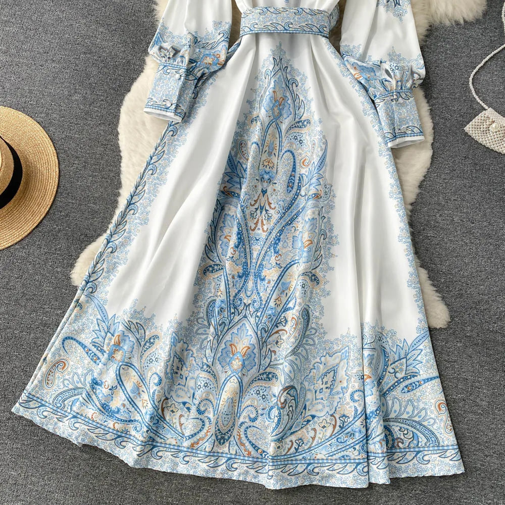 Sukienka Maxi z Rękawami Biskupa w Wzór Paisley