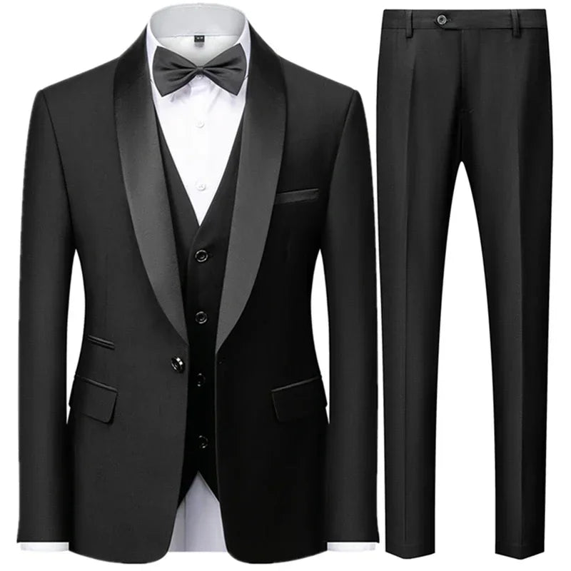 Slim Solid Satinowy Żakiet z Klapami V Neck, Dopasowany Trzyczęściowy Garnitur