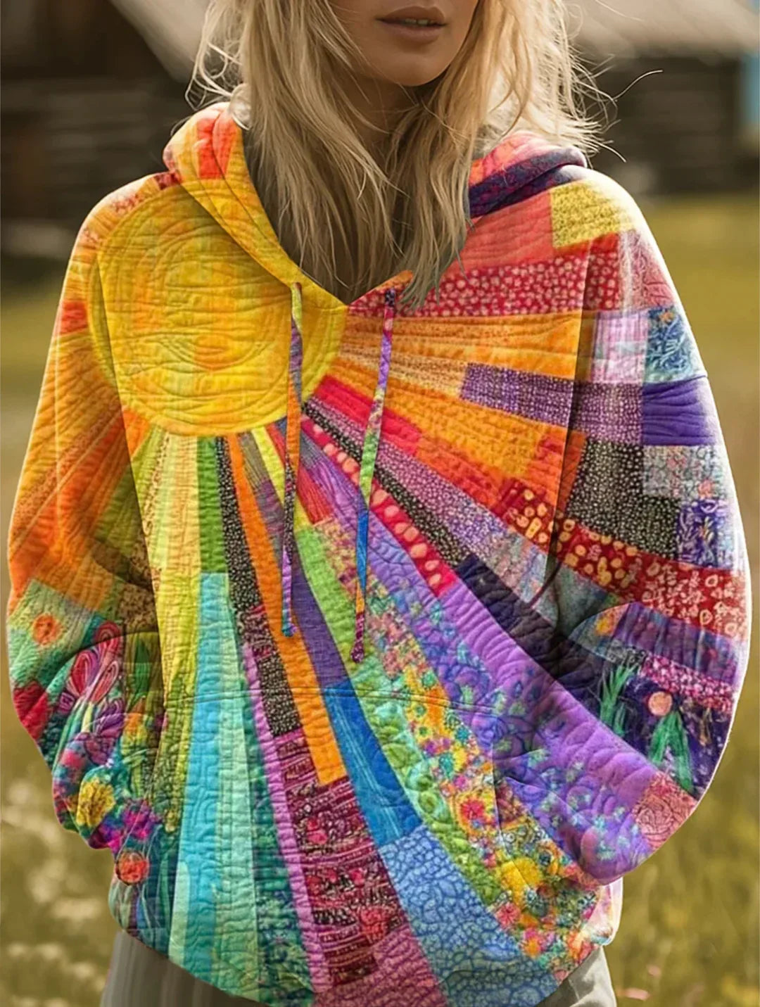 Damska Bluza z Kapturem w Kolorowy Wzór Patchwork